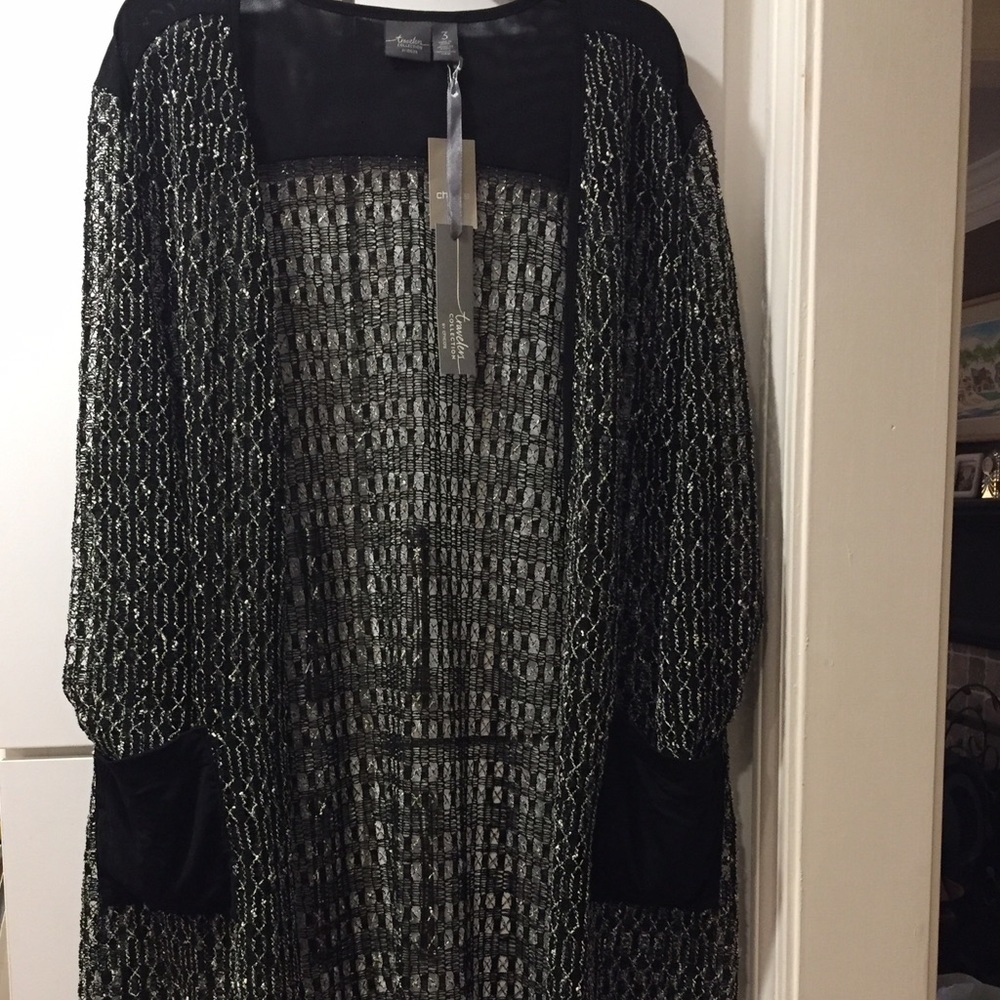 CHICO’S Long black & silver sparkly cardigan 16